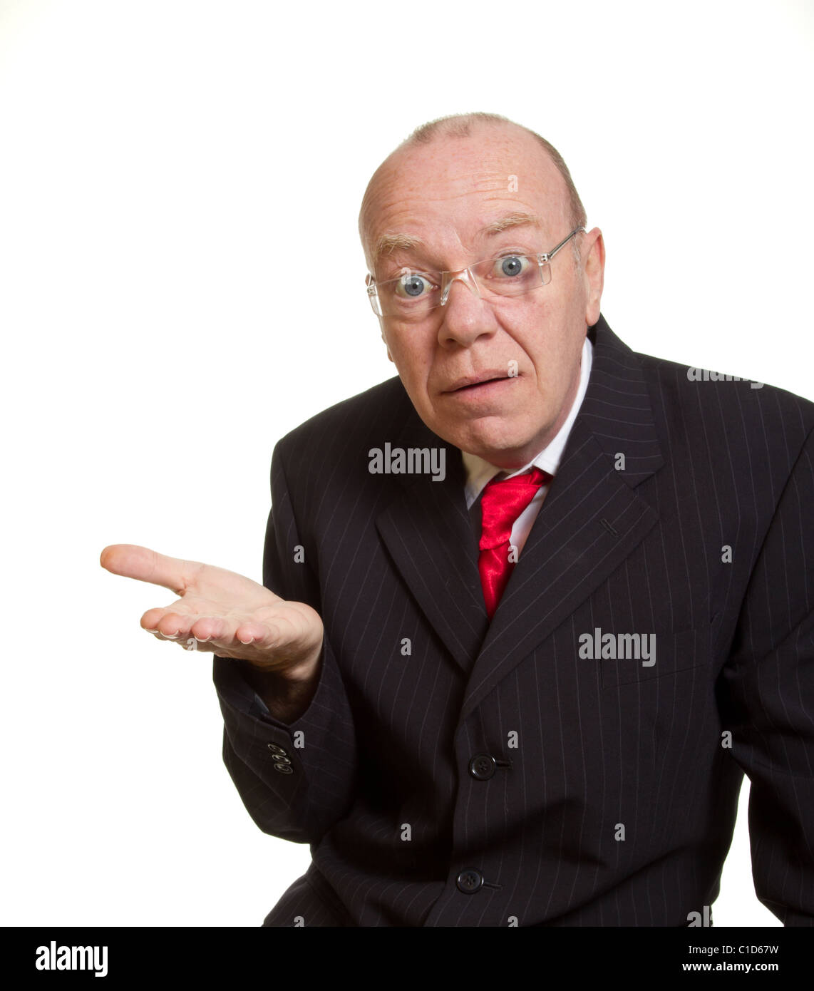 Expressive senior businessman isolated on white open palm concept Stock Photo