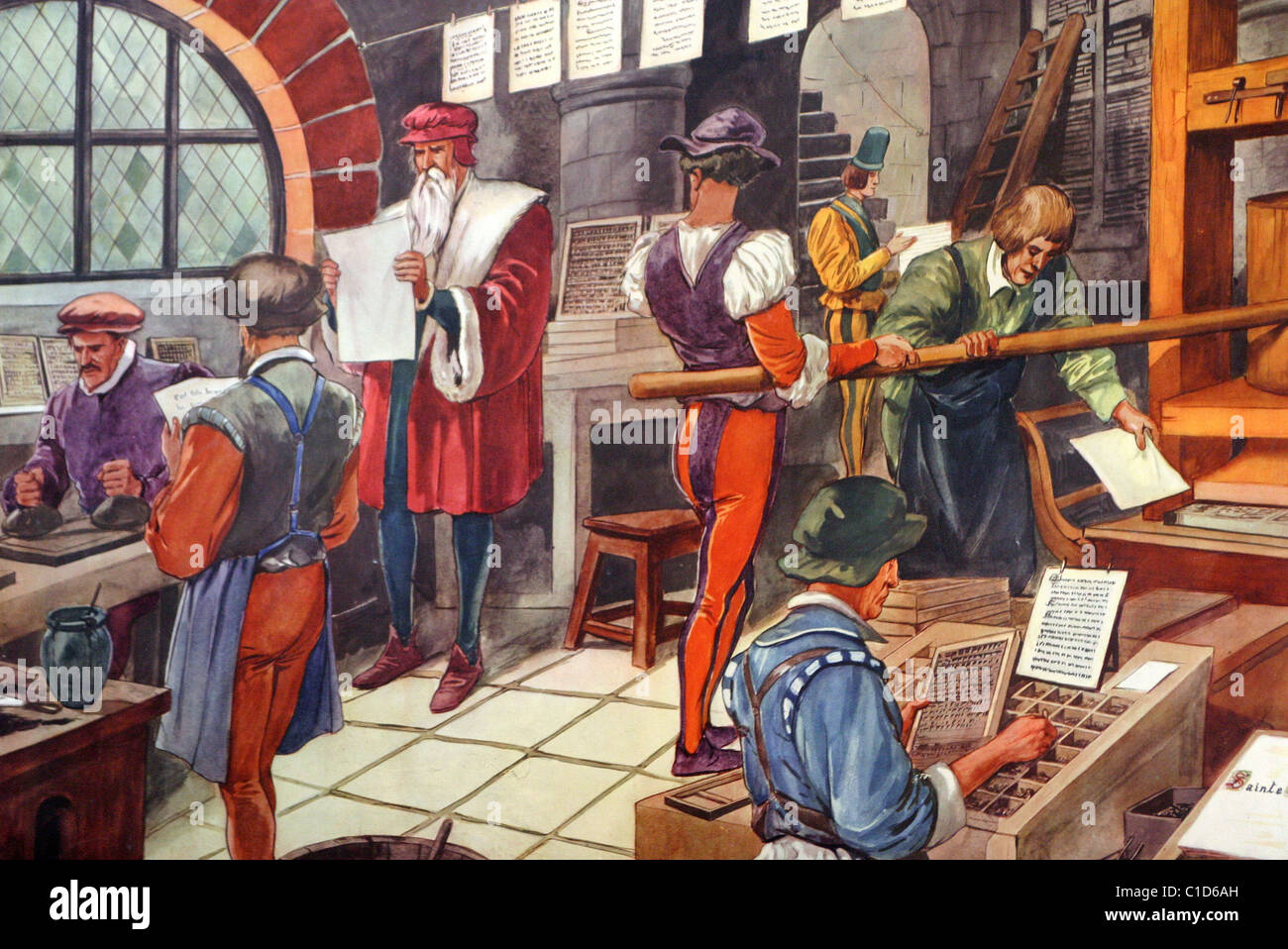 France, Vosges, Epinal, Imagerie, representation of the printery in Gutenberg's time Stock Photo