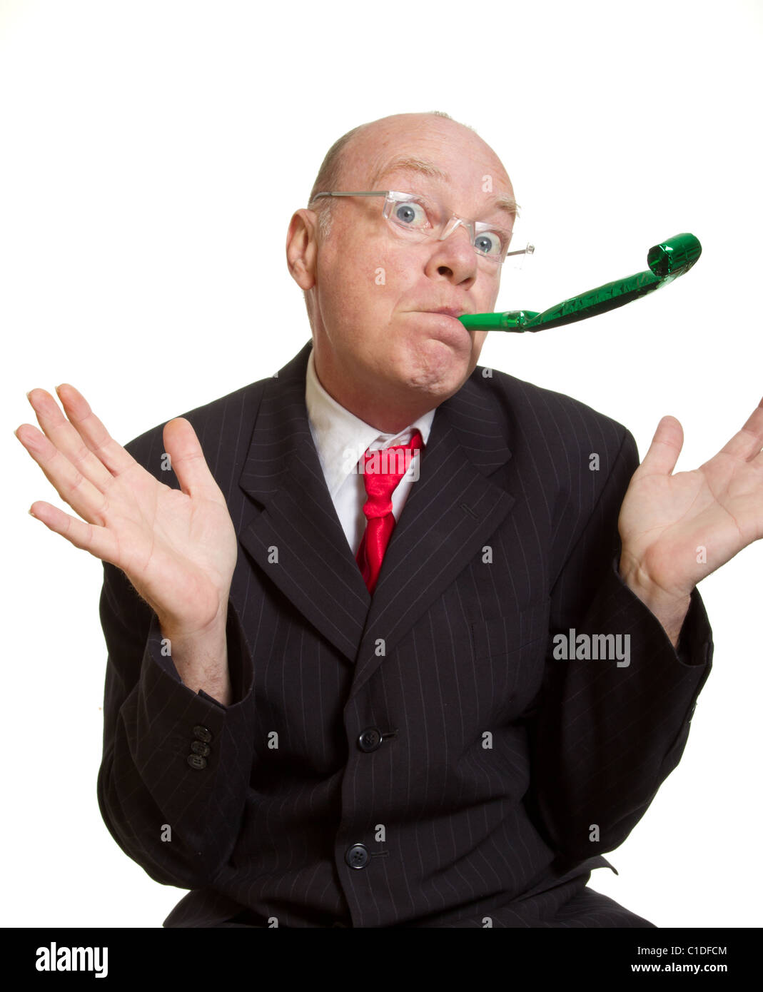 Expressive senior businessman isolated on white party pooper concept Stock Photo