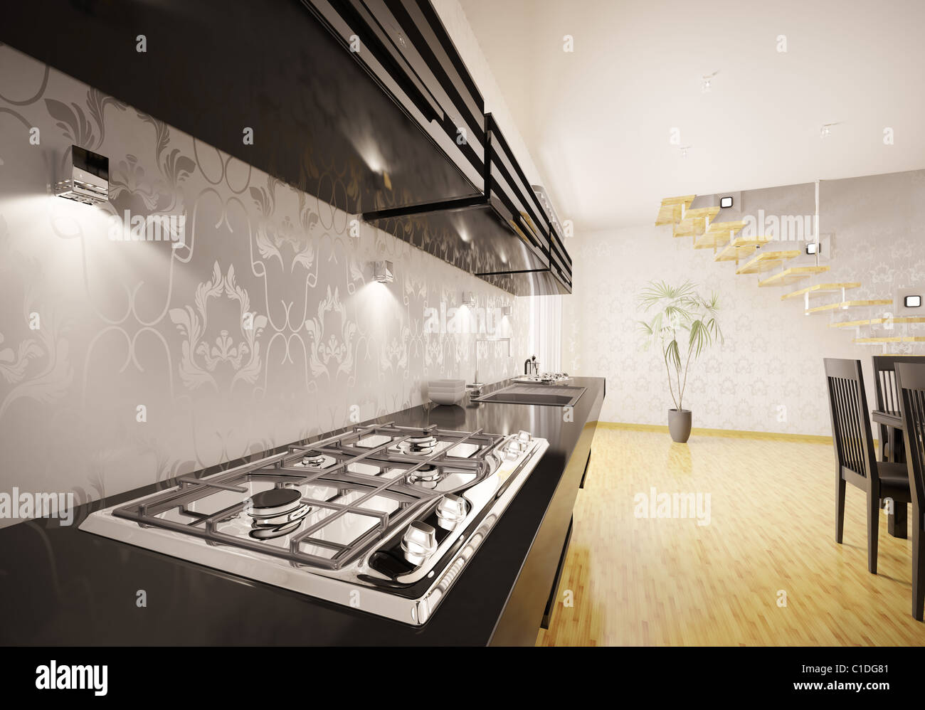 Interior of kitchen with modern gas stove 3d render Stock Photo - Alamy