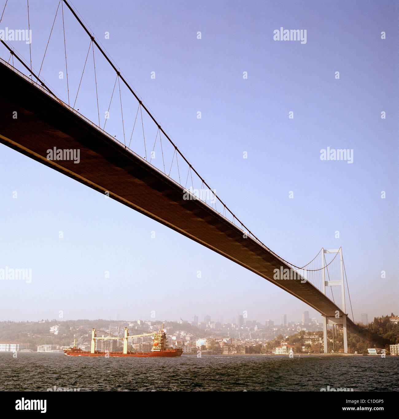 First Bosphorus Bridge in Besiktas in Istanbul in Turkey in Middle East Asia. Architecture Building Suspension Bridges Modern Travel Stock Photo