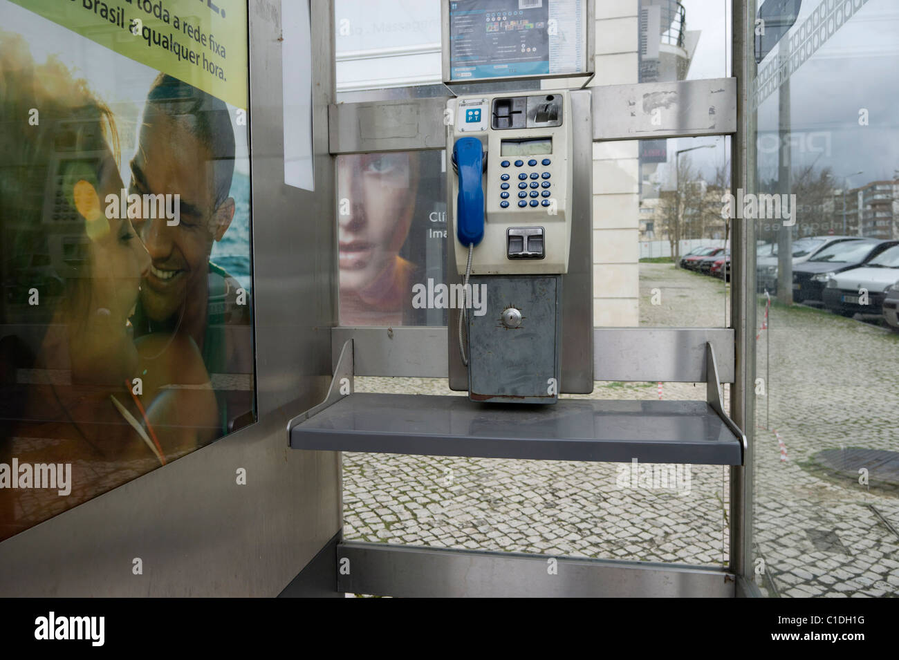 Empty public pay phone booth in Portugal Stock Photo