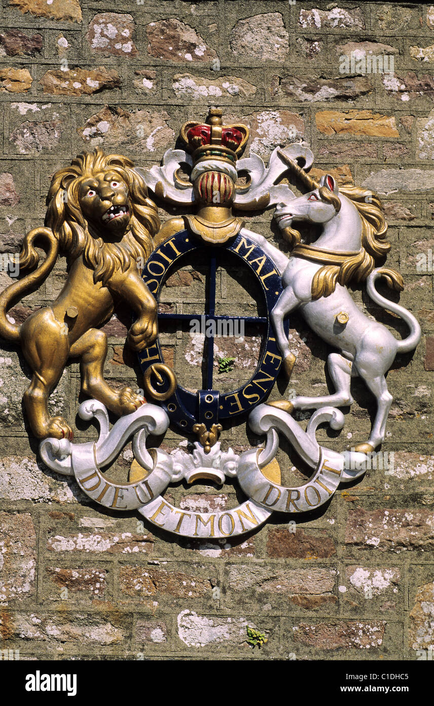 United Kingdom, Channel Islands, Alderney, Royal coat of arms Stock Photo