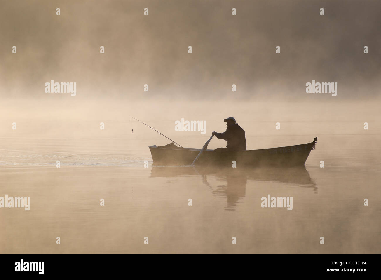 A lone angler in his boat, rowing through golden, foggy lake. Masuria, Poland Stock Photo