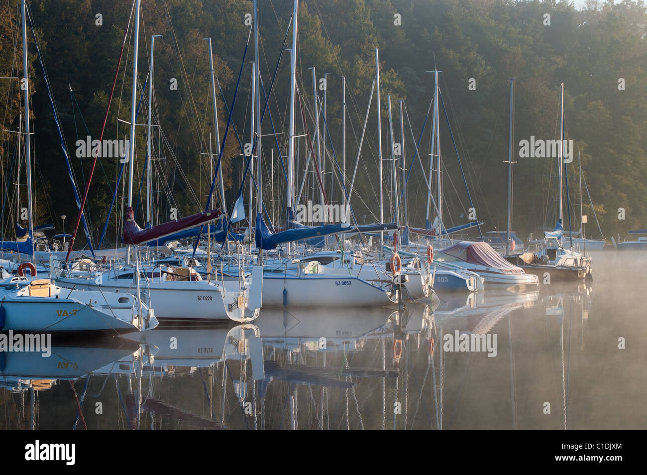 Yachts moored at Nidzkie Lake, Masuria, Poland Stock Photo