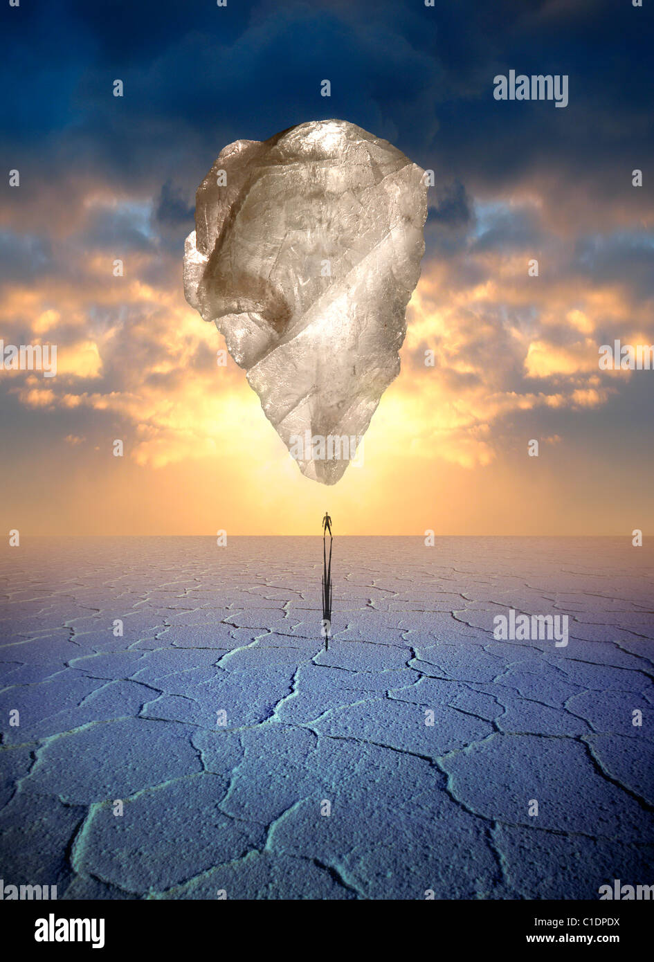 Surreal Landscape with floating crystal Stock Photo