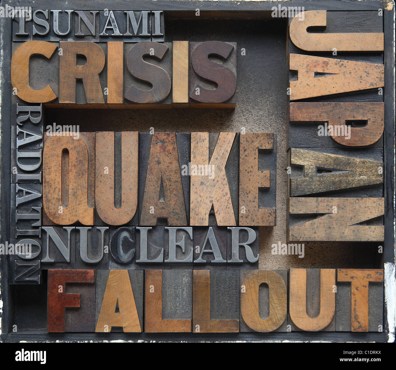 words related to Japan's earthquake, tsunami and nuclear disasters in old wood and metal type Stock Photo