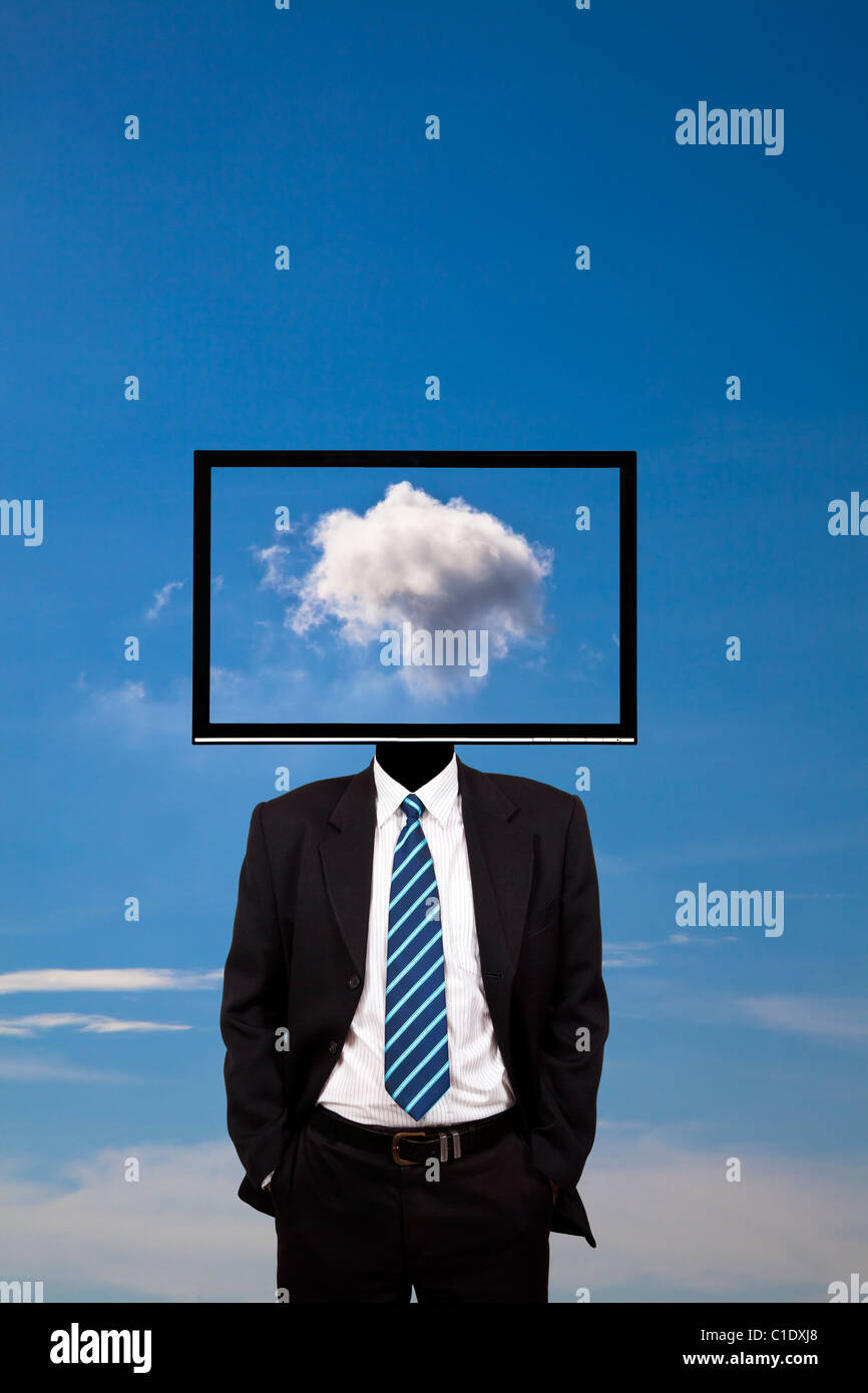 business dreamer with computer monitor head Stock Photo