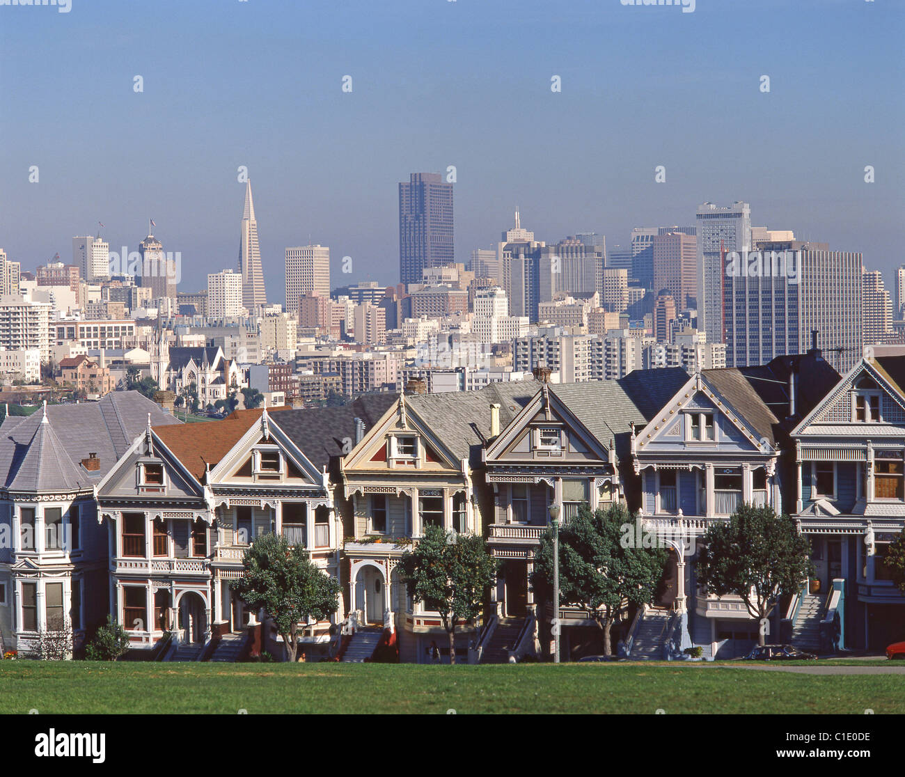 Victorian houses on Steiner Street, Alamo Square, San Francisco, California, United States of America Stock Photo