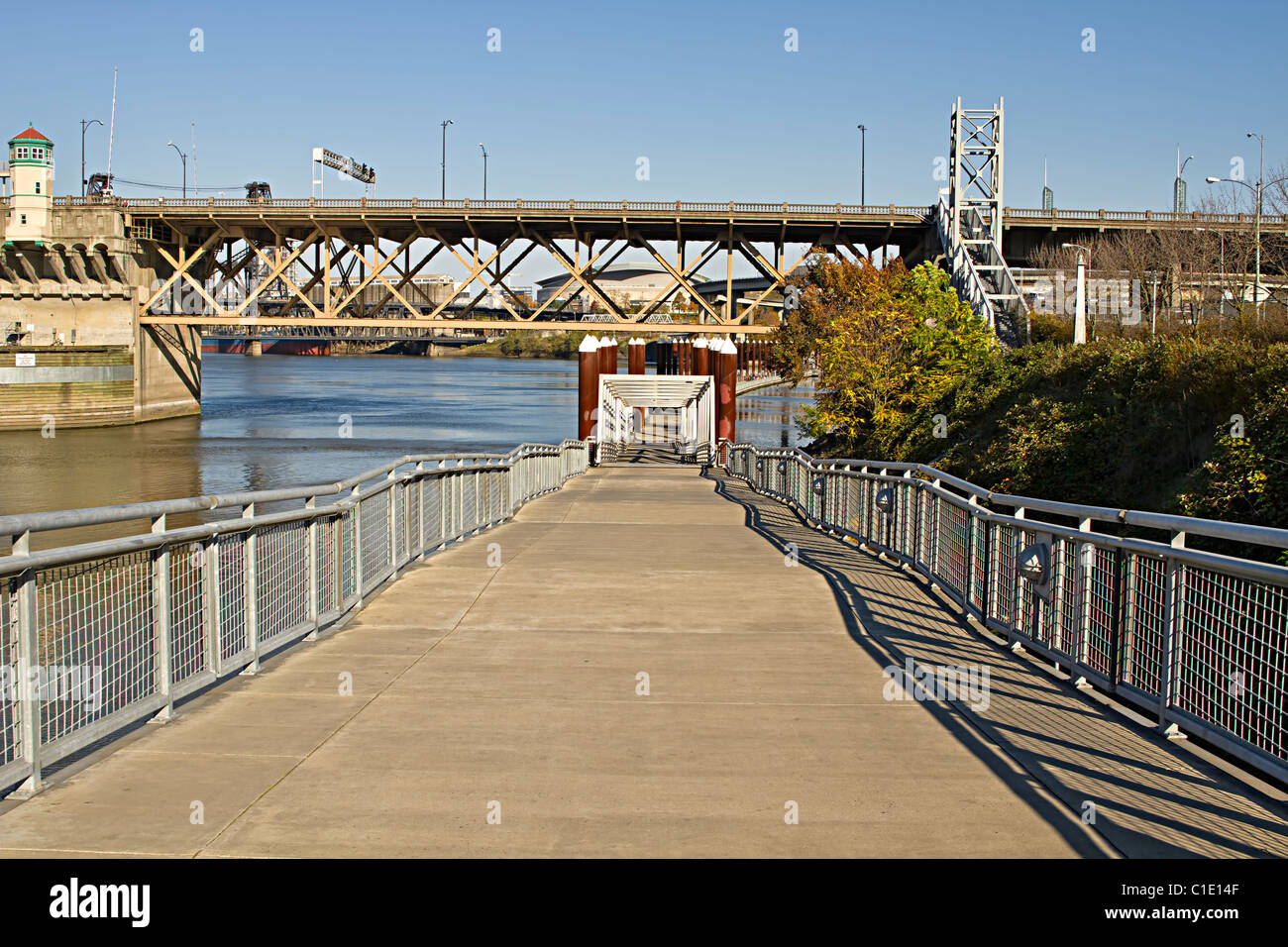Cyclist and Pedestrian Path by the Willamette River Stock Photo
