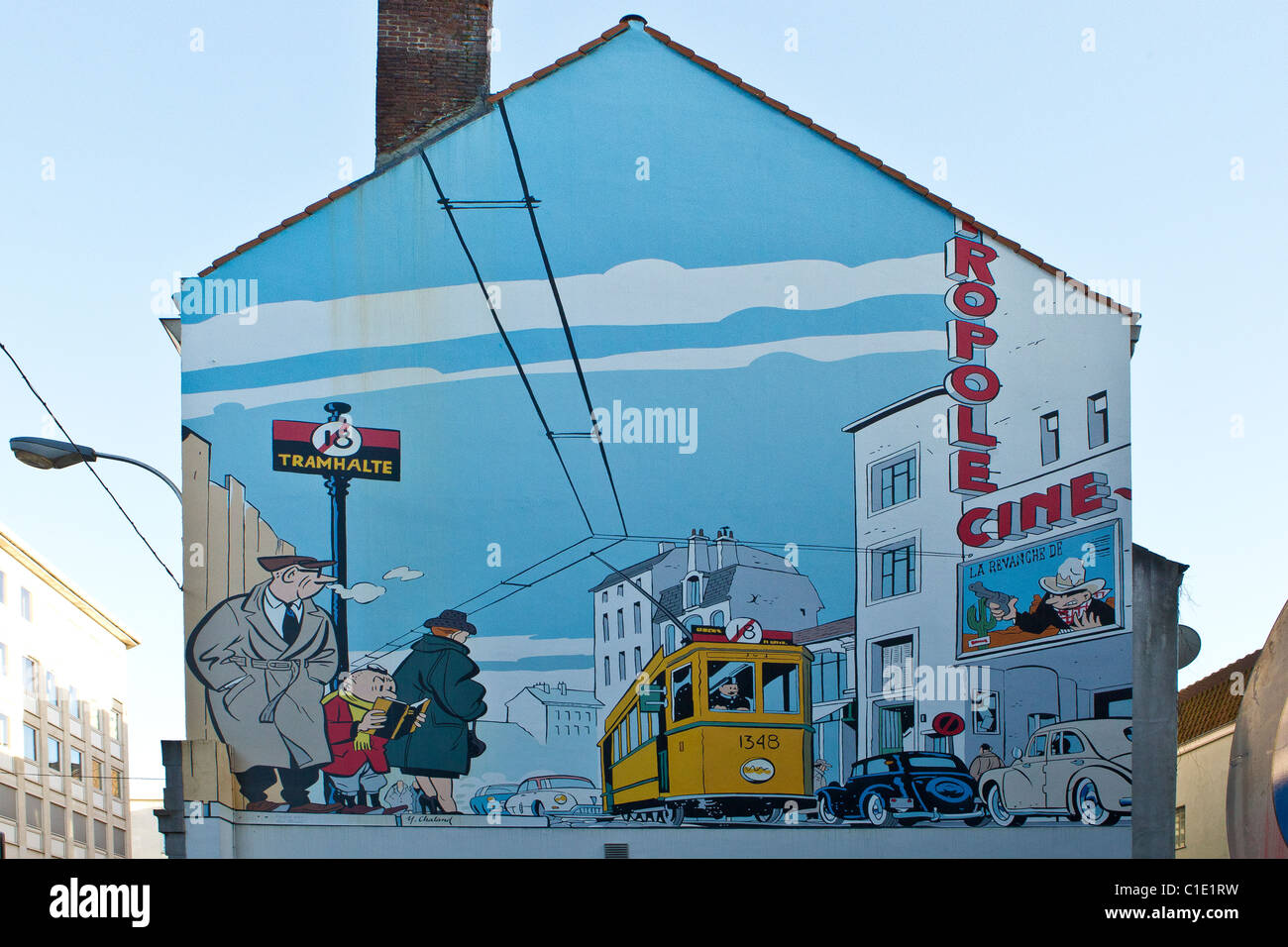 tromp d'oeuil graffiti artistic painting painted on gable end wall Stock Photo