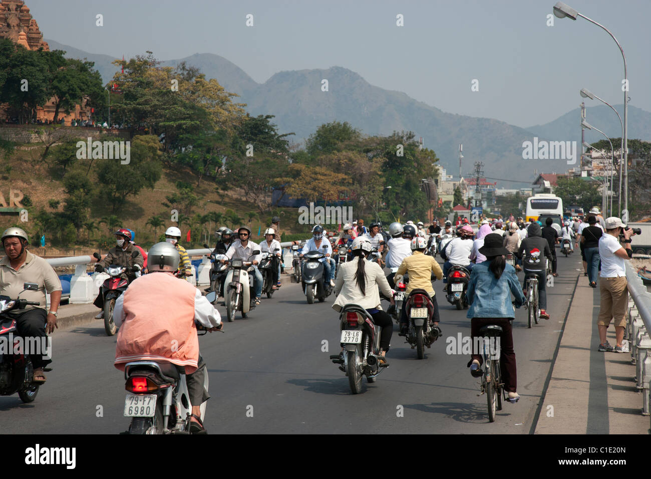 Motorcycle and Bicycle Traffic in Nha Trang Stock Photo