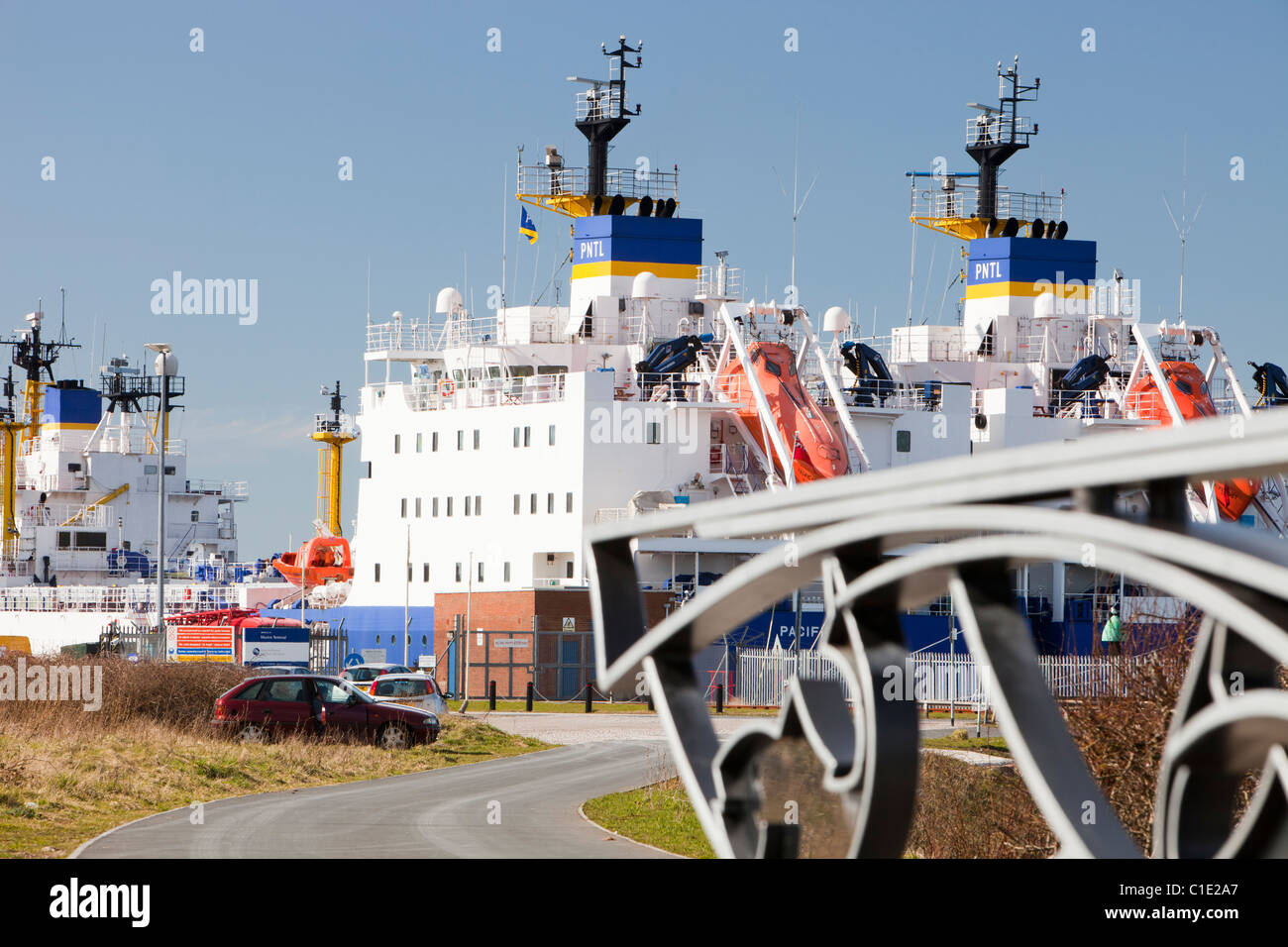 PNTL (Pacific Nuclear Transport Limited) nuclear transport ships at dock in Barrow in Furness, Cumbria, UK Stock Photo