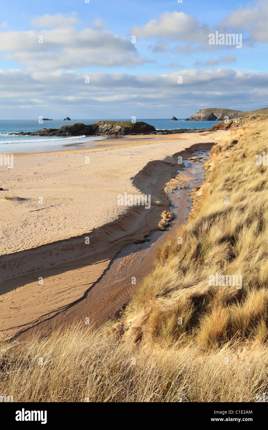 Constantine Beach captured from the sand dunes with Booby's Bay and Dinas Head near Trevose in the Distance Stock Photo