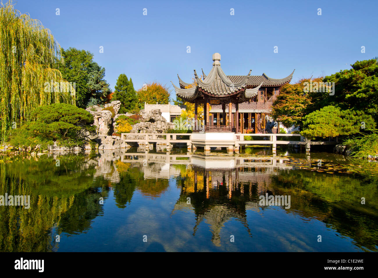 Reflection by the Pond in Suzhou Classical Style Chinese Garden Stock Photo