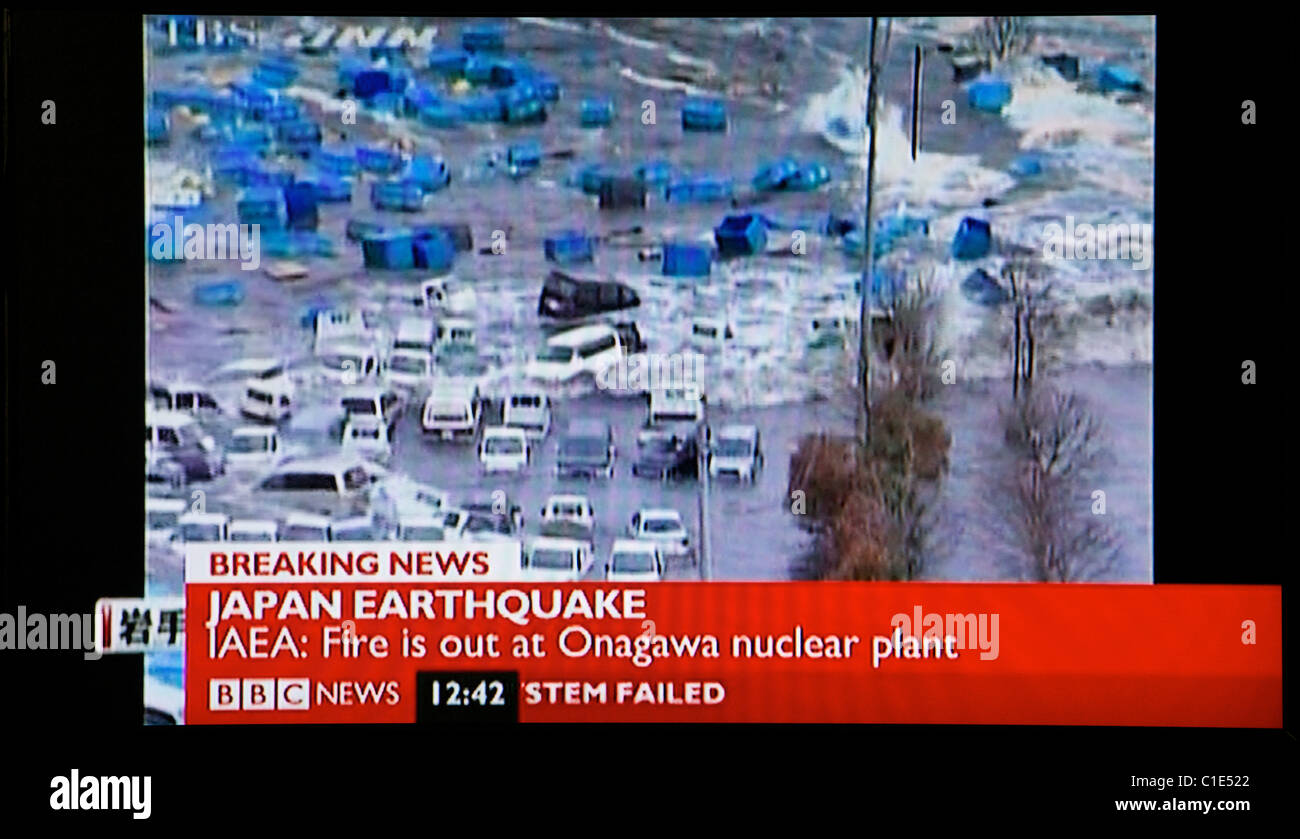 Japan earthquake and tsunami. 11.03.11. Screen grab from United Kingdom television as news emerges from Japan. Stock Photo