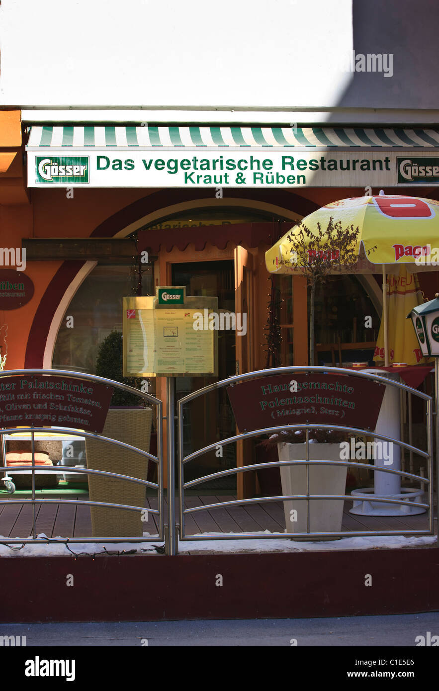 Vegetarian restaurant in the ski and spa resort Bad Hofgastein, Austria. Stock Photo
