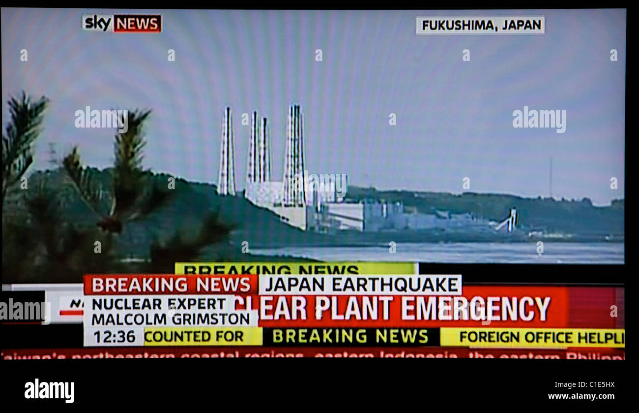 Japan earthquake and tsunami. 11.03.11. Screen grab from United Kingdom television as news emerges from Japan. Stock Photo