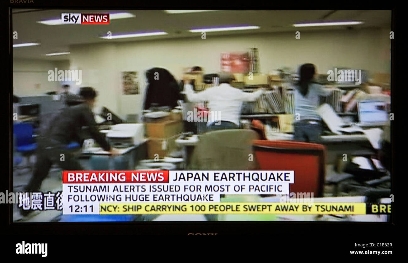 Japan earthquake and tsunami. 11.03.11. Screen grab from United Kingdom television as news emerges from Japan. Stock Photo