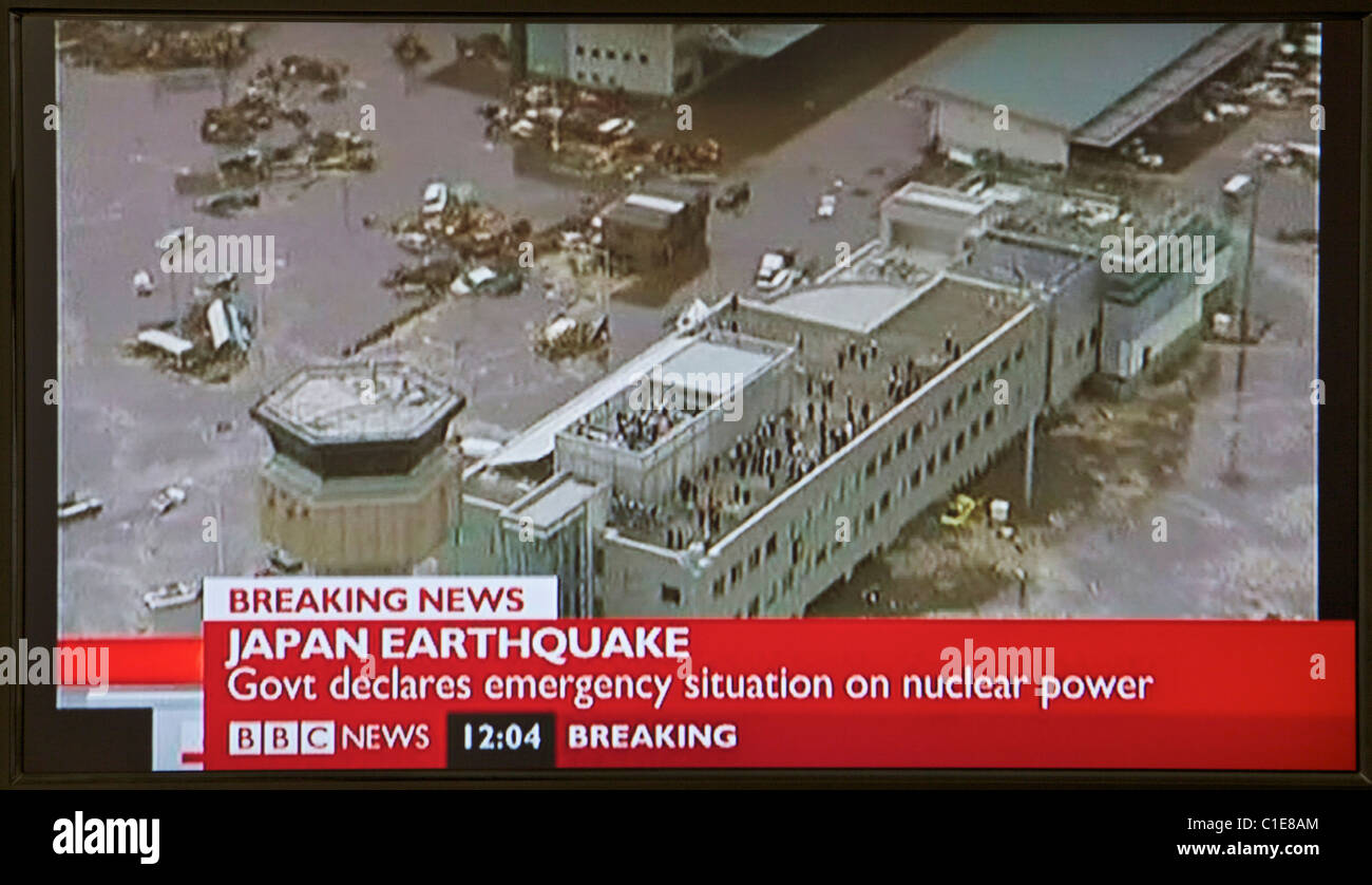 Japan earthquake and tsunami. 11.03.11. Screen grab from United Kingdom television as news emerges from Japan. Stock Photo