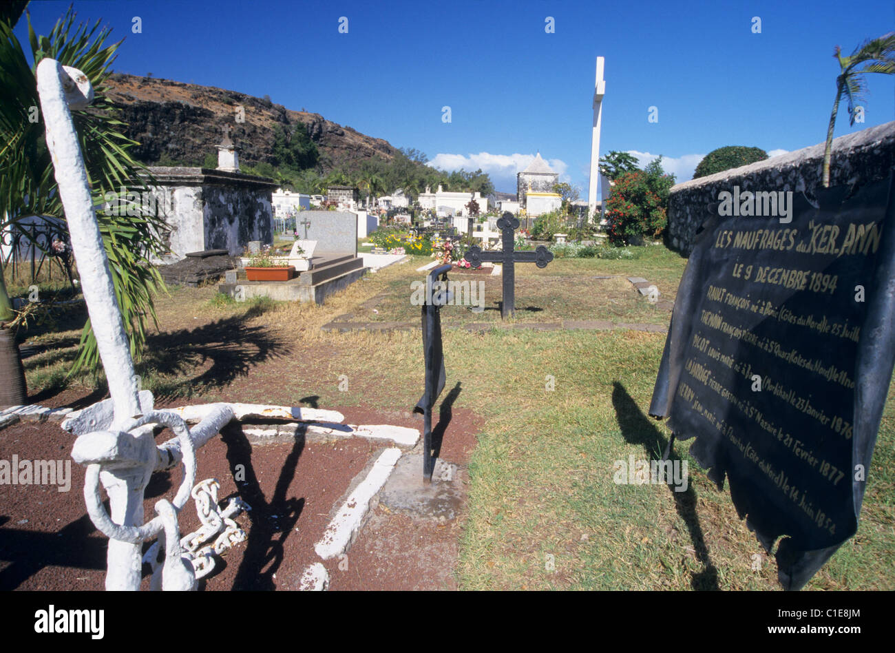 Tombs of shipwrecked persons of "Kerr Ann" the 18 December 1894, famous cemetery of Saint Paul, La Reunion island (France), Stock Photo