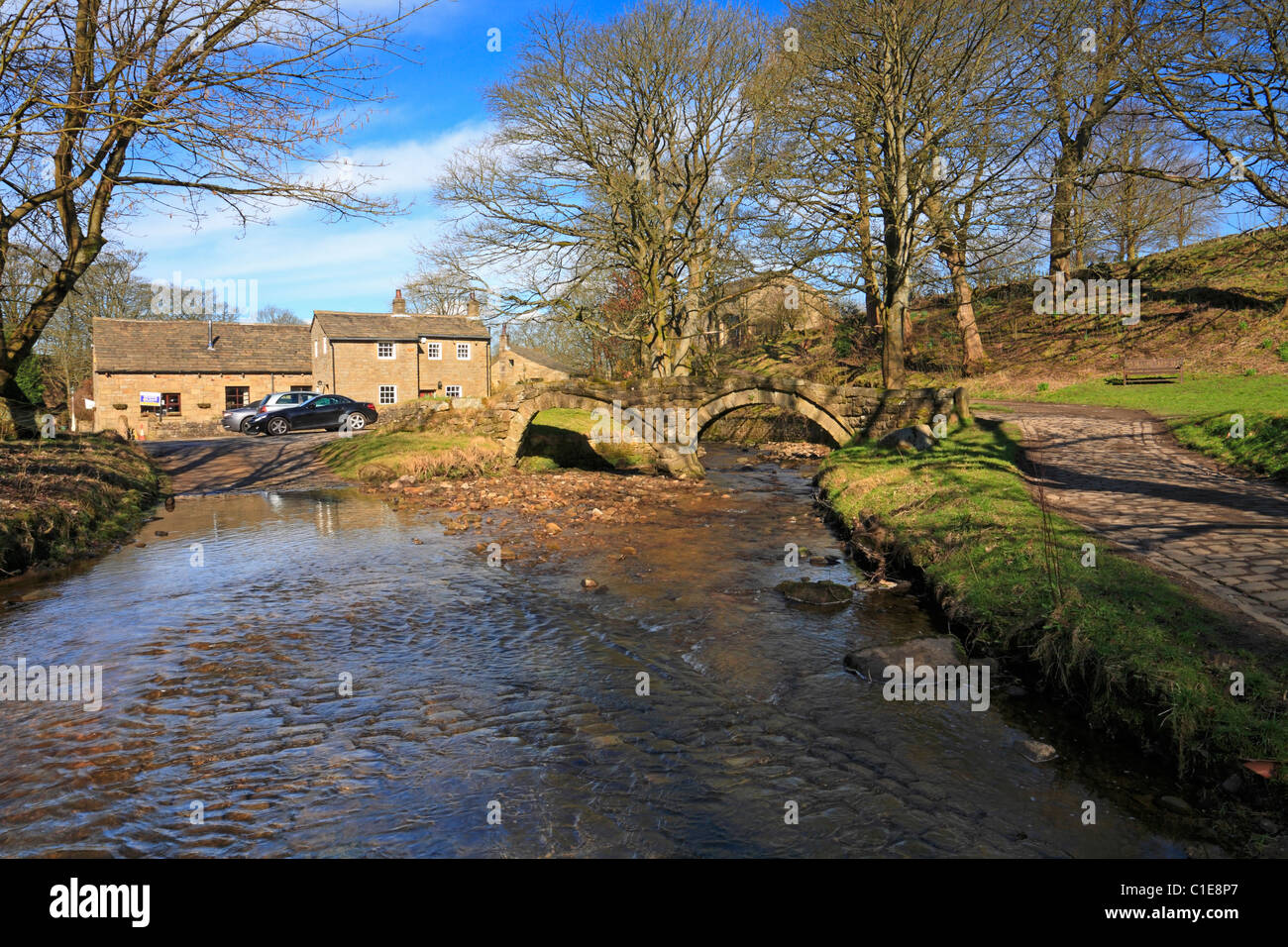 Ancient packhorse bridge at Wycoller Country Park on the Bronte Way