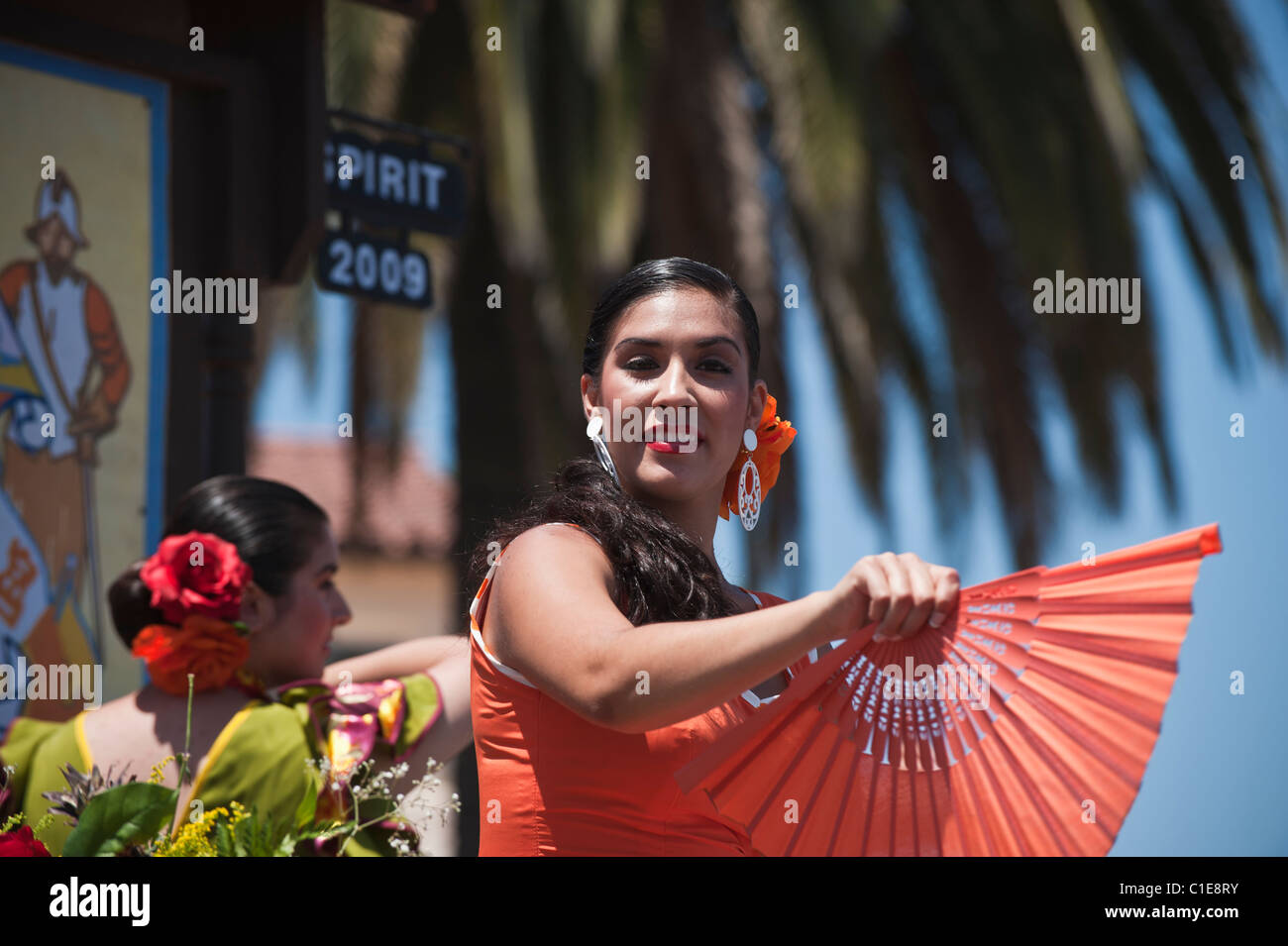 Woman in traditional Spanish dress in Fiesta parade, Santa Barbara, California, USA Stock Photo