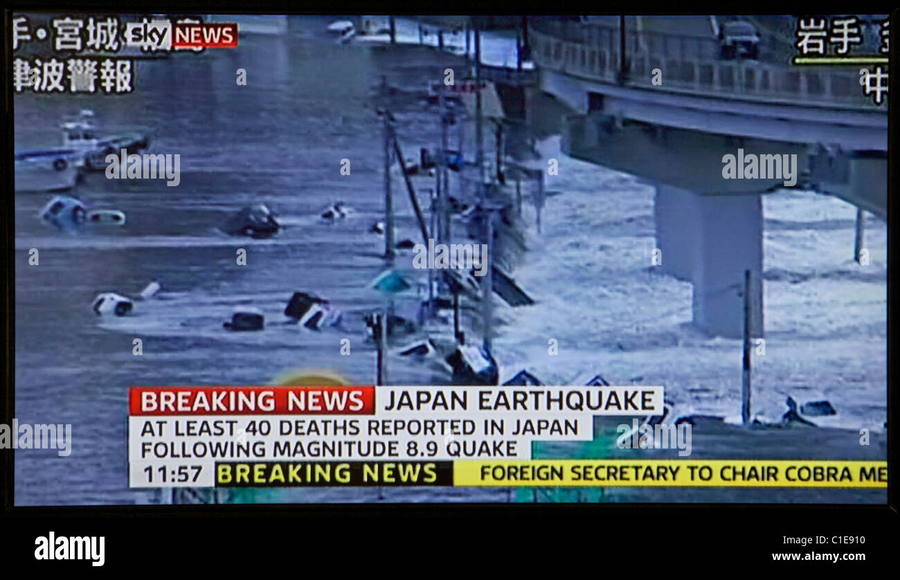 Japan earthquake and tsunami. 11.03.11. Screen grab from United Kingdom television as news emerges from Japan. Stock Photo