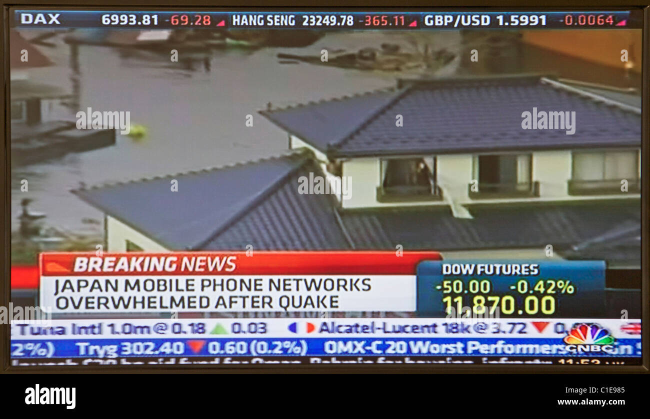 Japan earthquake and tsunami. 11.03.11. Screen grab from United Kingdom television as news emerges from Japan. Stock Photo