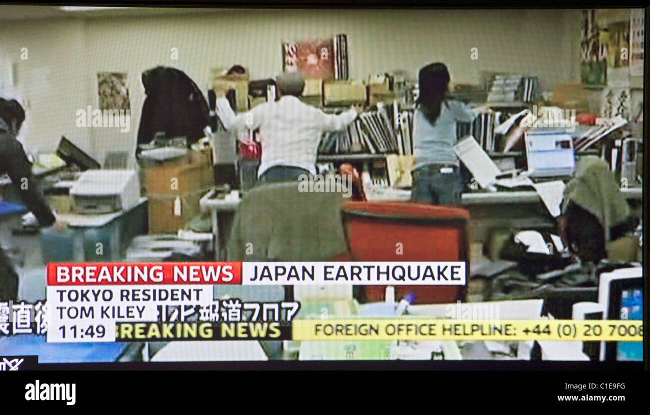 Japan earthquake and tsunami. 11.03.11. Screen grab from United Kingdom television as news emerges from Japan. Stock Photo