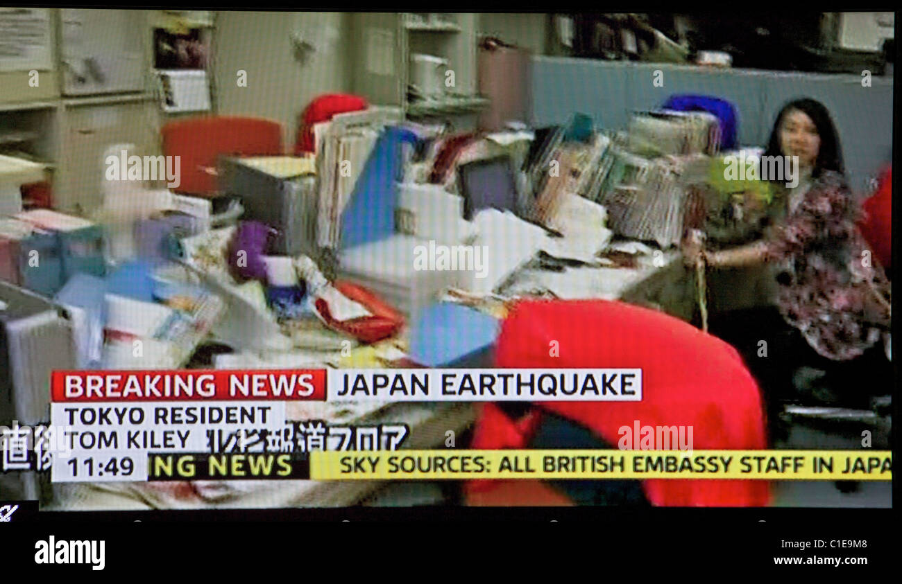 Japan earthquake and tsunami. 11.03.11. Screen grab from United Kingdom television as news emerges from Japan. Stock Photo