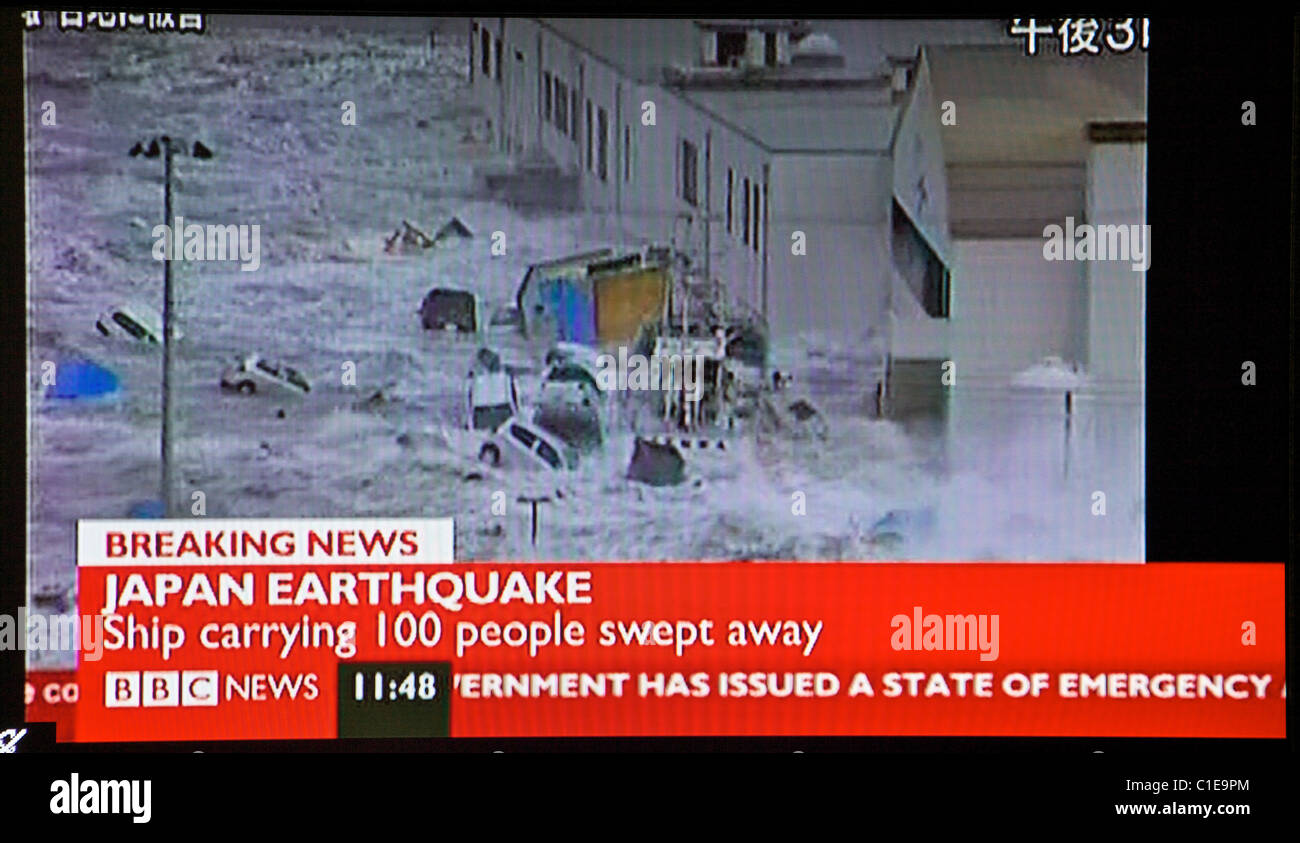 Japan earthquake and tsunami. 11.03.11. Screen grab from United Kingdom television as news emerges from Japan. Stock Photo
