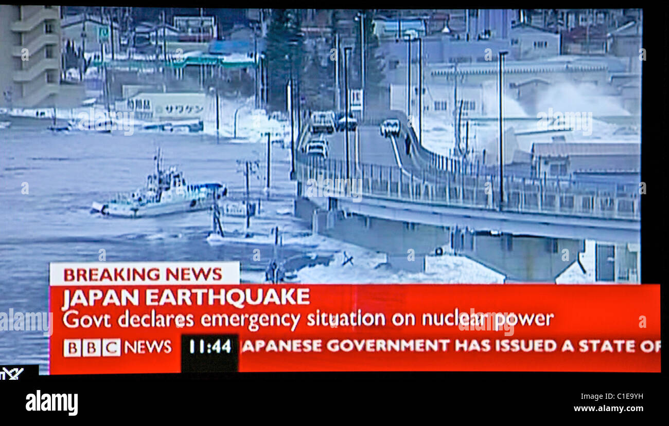 Japan earthquake and tsunami. 11.03.11. Screen grab from United Kingdom television as news emerges from Japan. Stock Photo