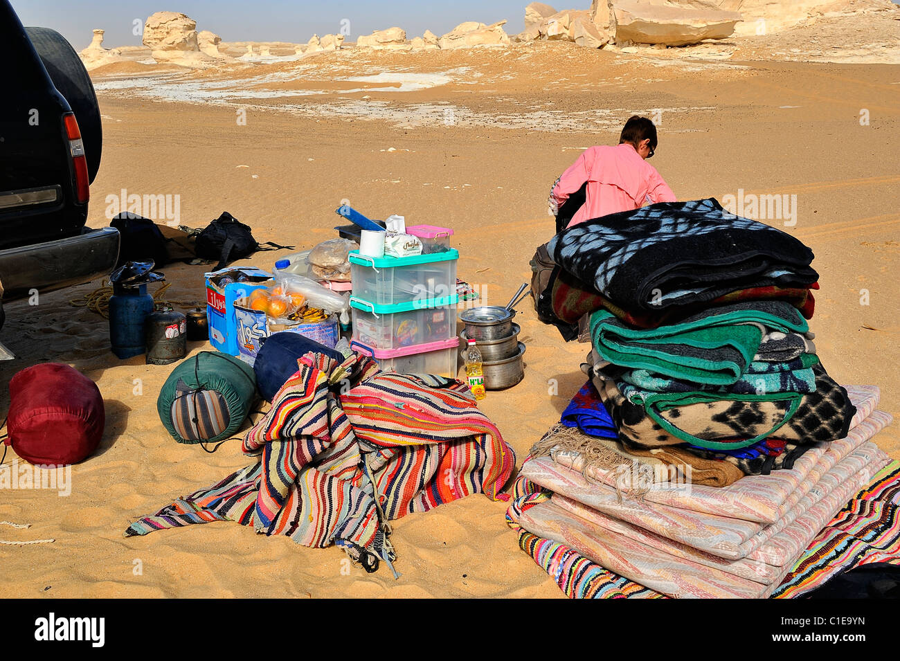Tourist camp for an overnight stay in the White Desert national park, Egypt Stock Photo