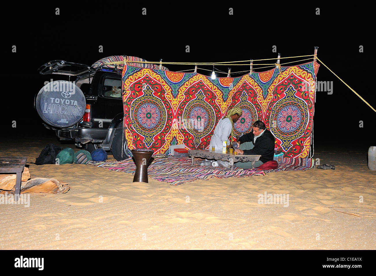 Tourist camp at night for an overnight stay in the White Desert national park, Egypt Stock Photo