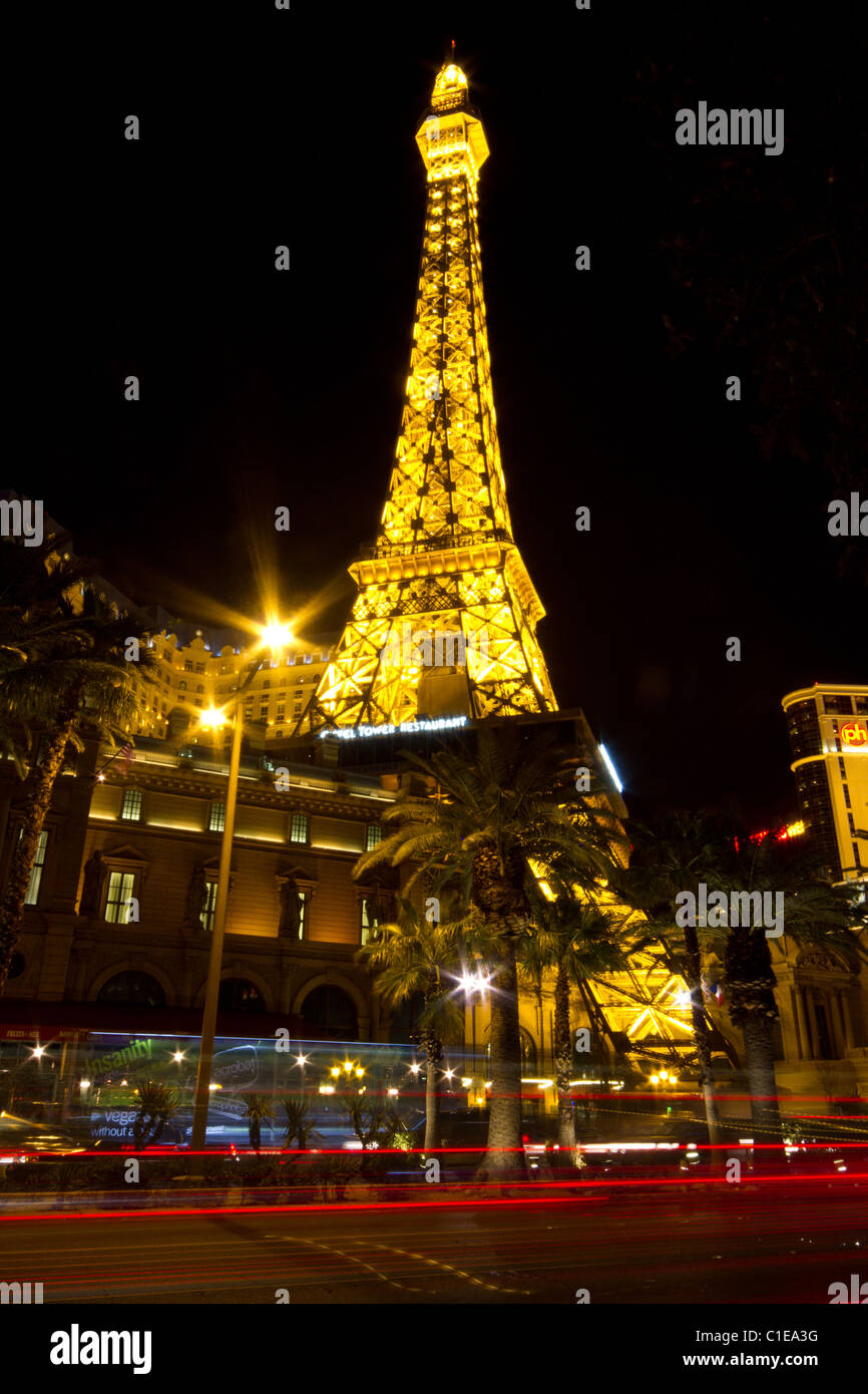 Eiffel Tower Las Vegas Strip Traffic Night Stock Photo