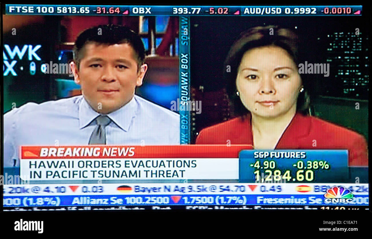 Japan earthquake and tsunami. 11.03.11. Screen grab from United Kingdom television as news emerges from Japan. Stock Photo