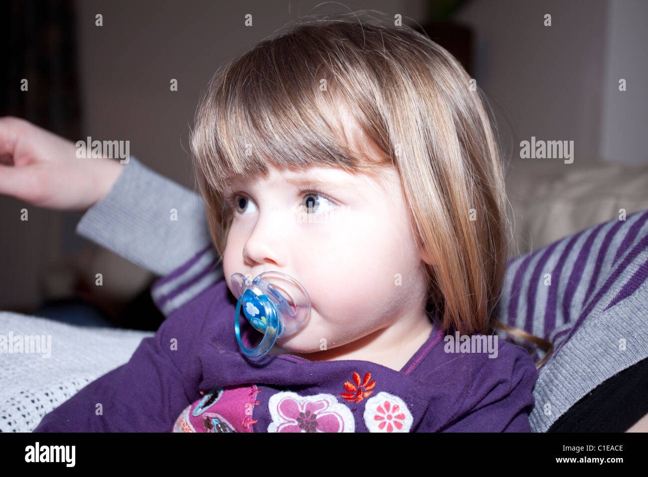 toddler with pacifier watching television Stock Photo