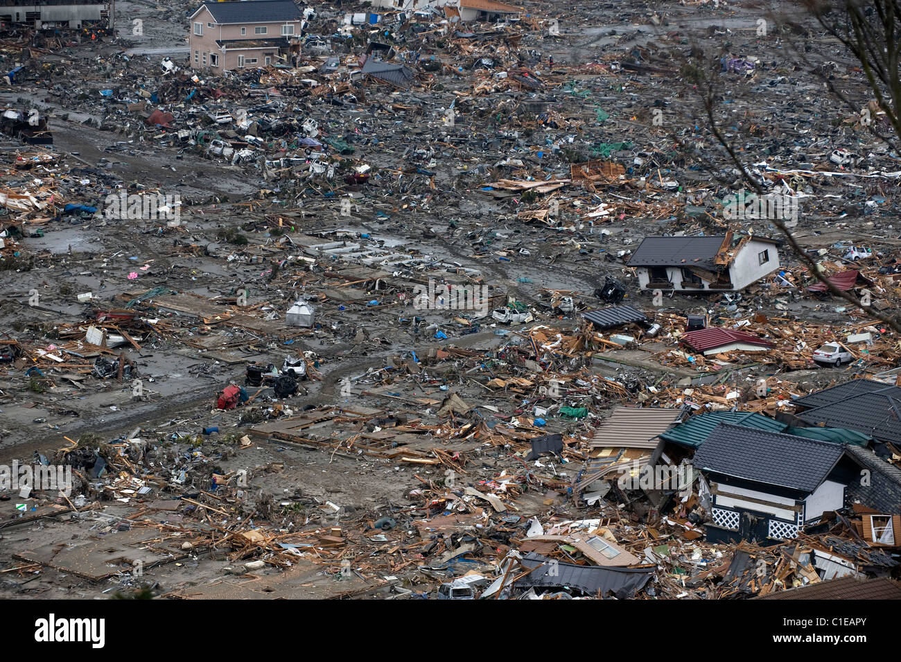 Photo shows the wasteland that was once a thriving coastal community in Ishinomaki, Japan on 15 March, 2011. Stock Photo