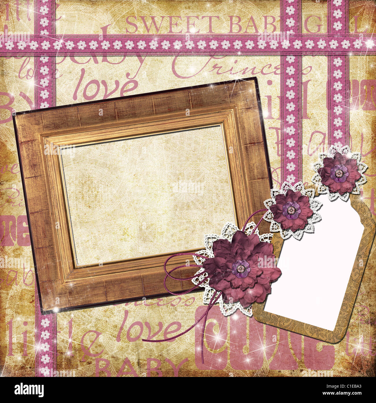 Photo frame for a girl with a flowers, lace, tage Stock Photo