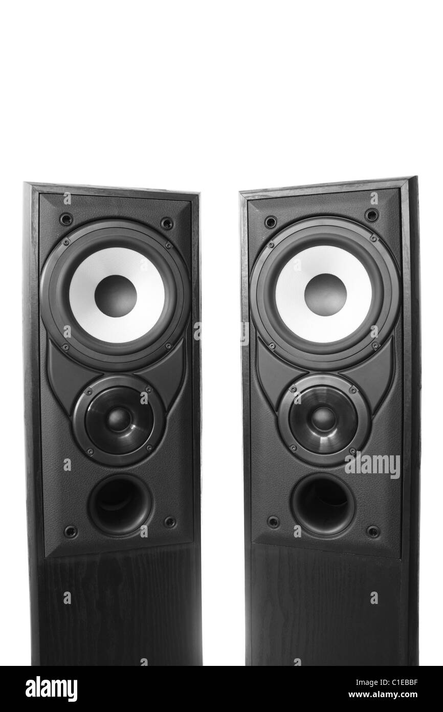Pair of black wooden loudspeakers Stock Photo