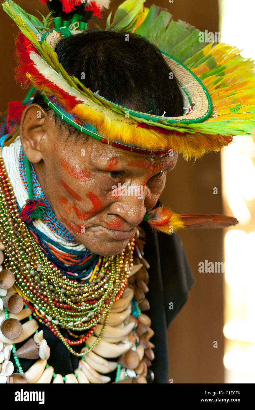Shaman from the Cofán people in the Ecuadorian-Colombian amazon forest performing ceremony Stock Photo