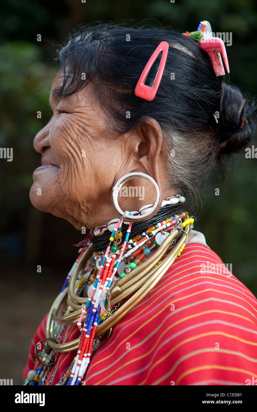 Big ear Karen old woman standing at they village, Ban Nai Soi, Mae Hong Son, Thailand Stock Photo