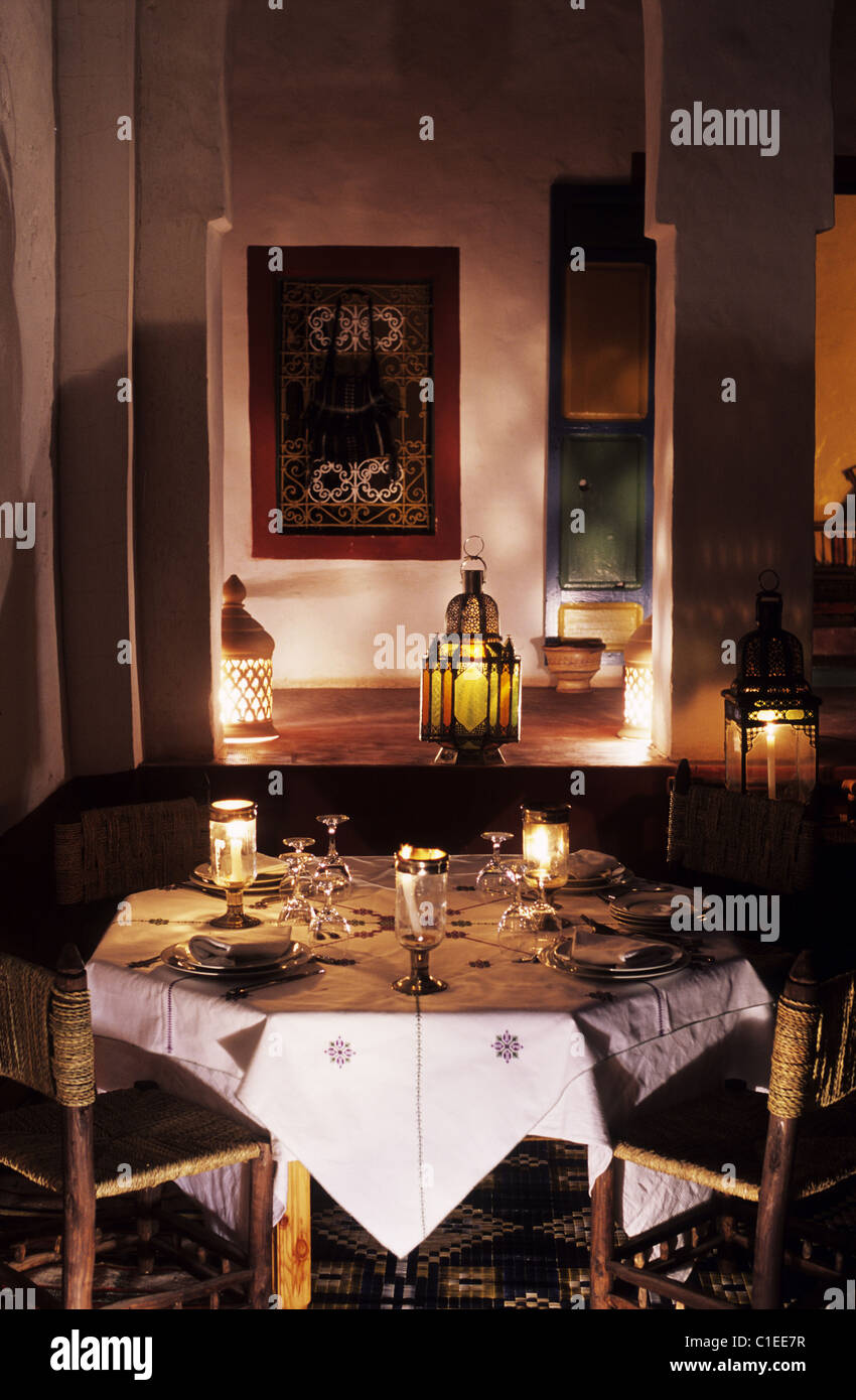 Morocco, Anti Atlas, dinner in the patio of Dar Infiane de Tat Stock Photo