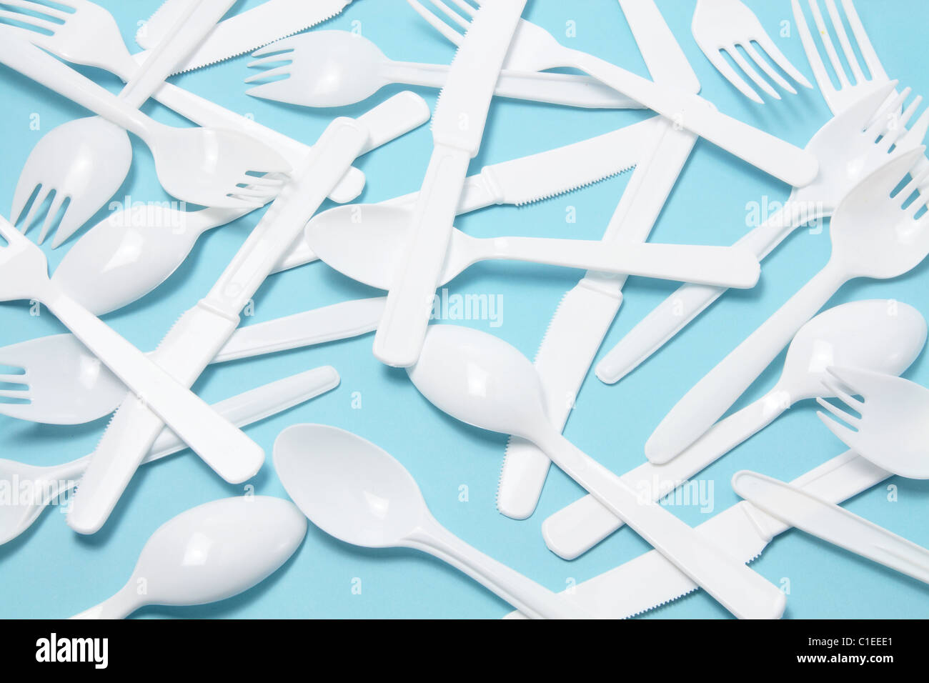 Plastic Cutlery  Blue Background Stock Photo