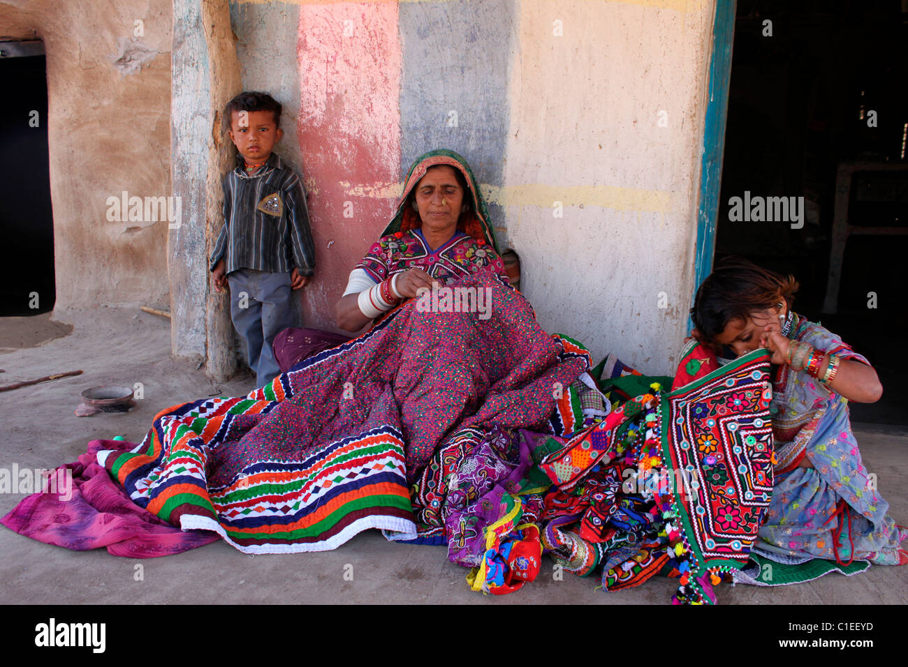 Women in Kutch, Gujarat, doing embroidery Stock Photo