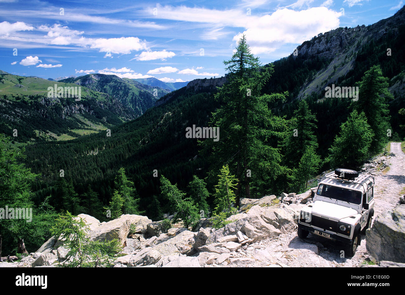 France Alpes Maritimes Mercantour National Park Vallee des Merveilles near Fontanalbe Land Rover from the park guards on a Stock Photo