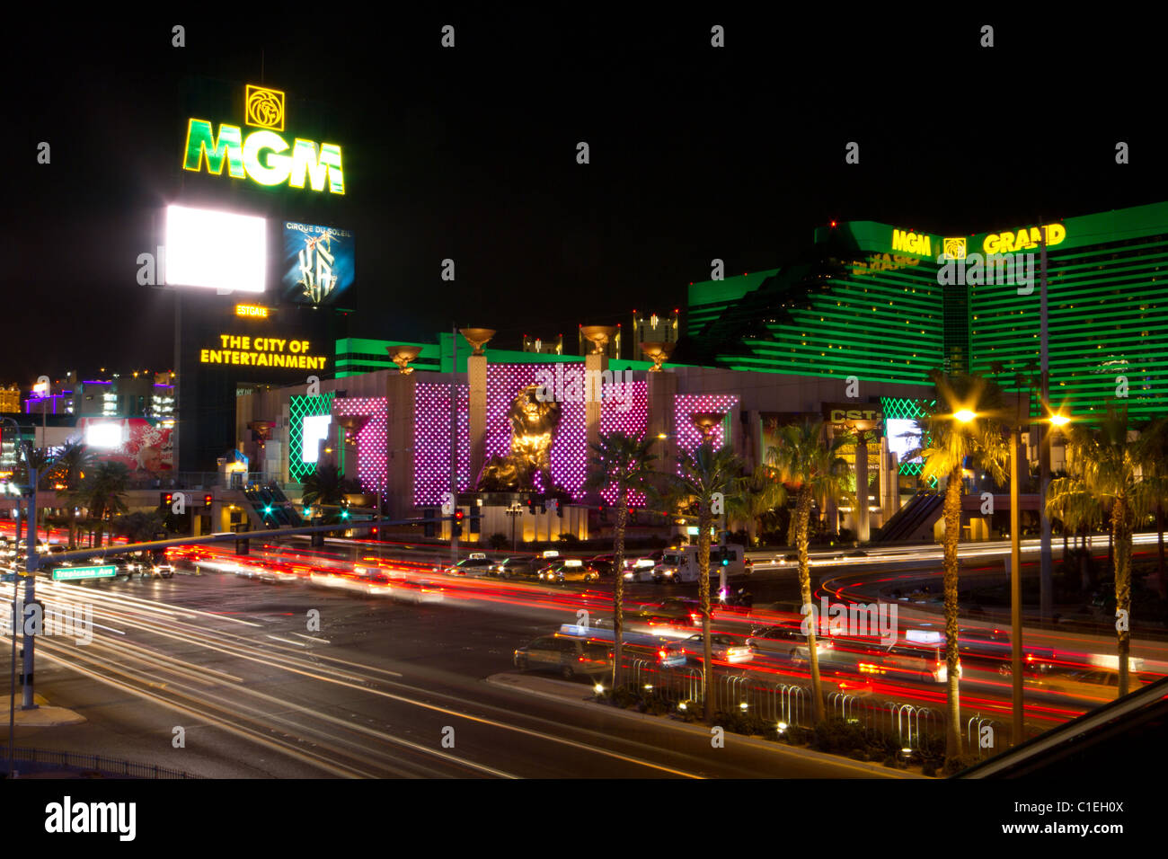 mgm grand las vegas strip night traffic Stock Photo