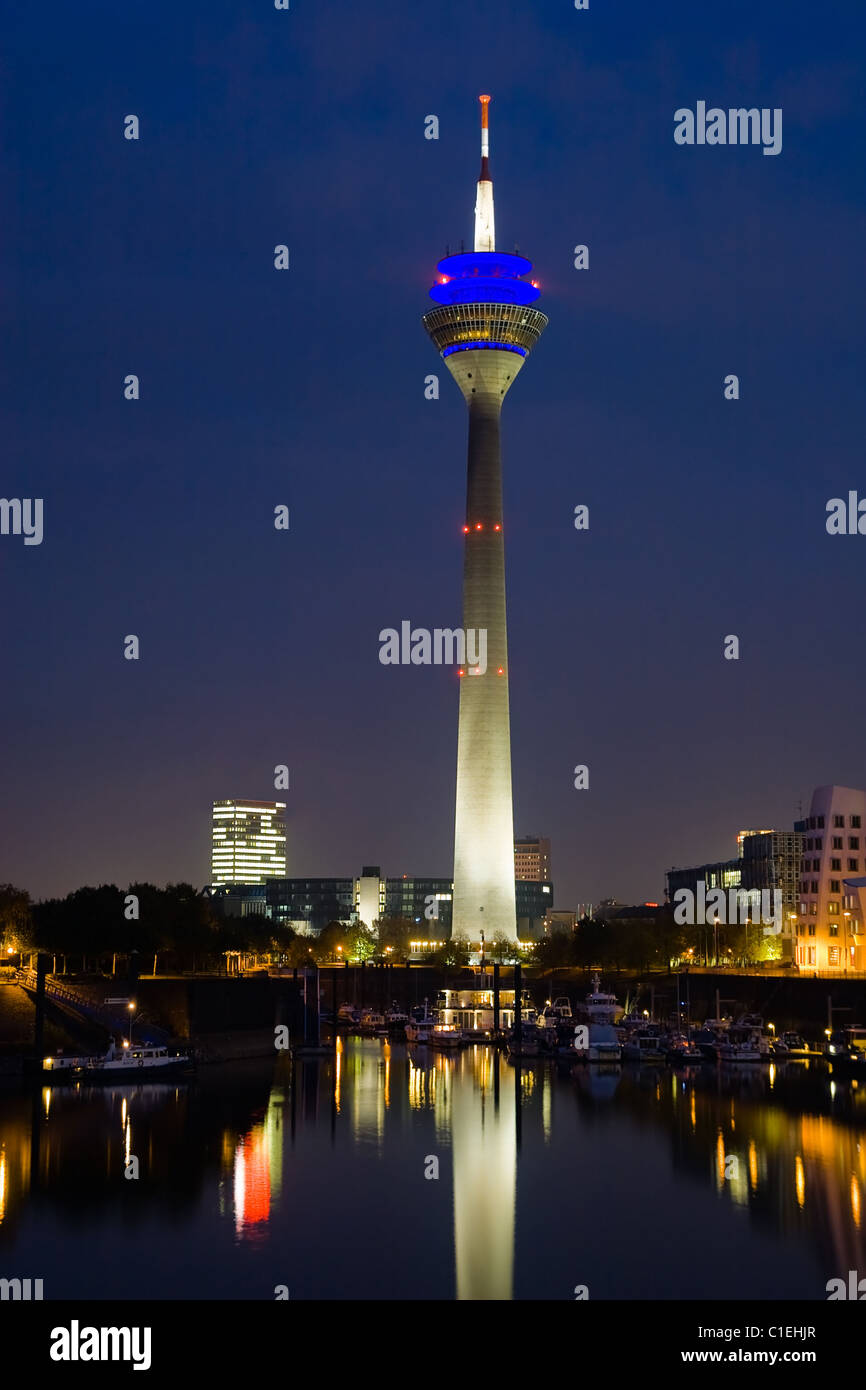 Night scene of the Media harbour in Düsseldorf, Germany Stock Photo