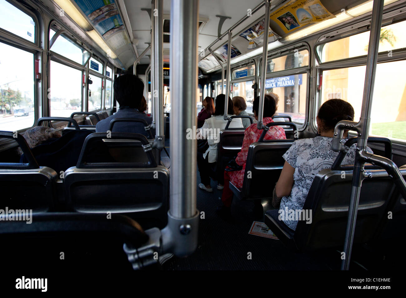 People sat on a bus in Hollywood, Los Angeles, USA. Stock Photo